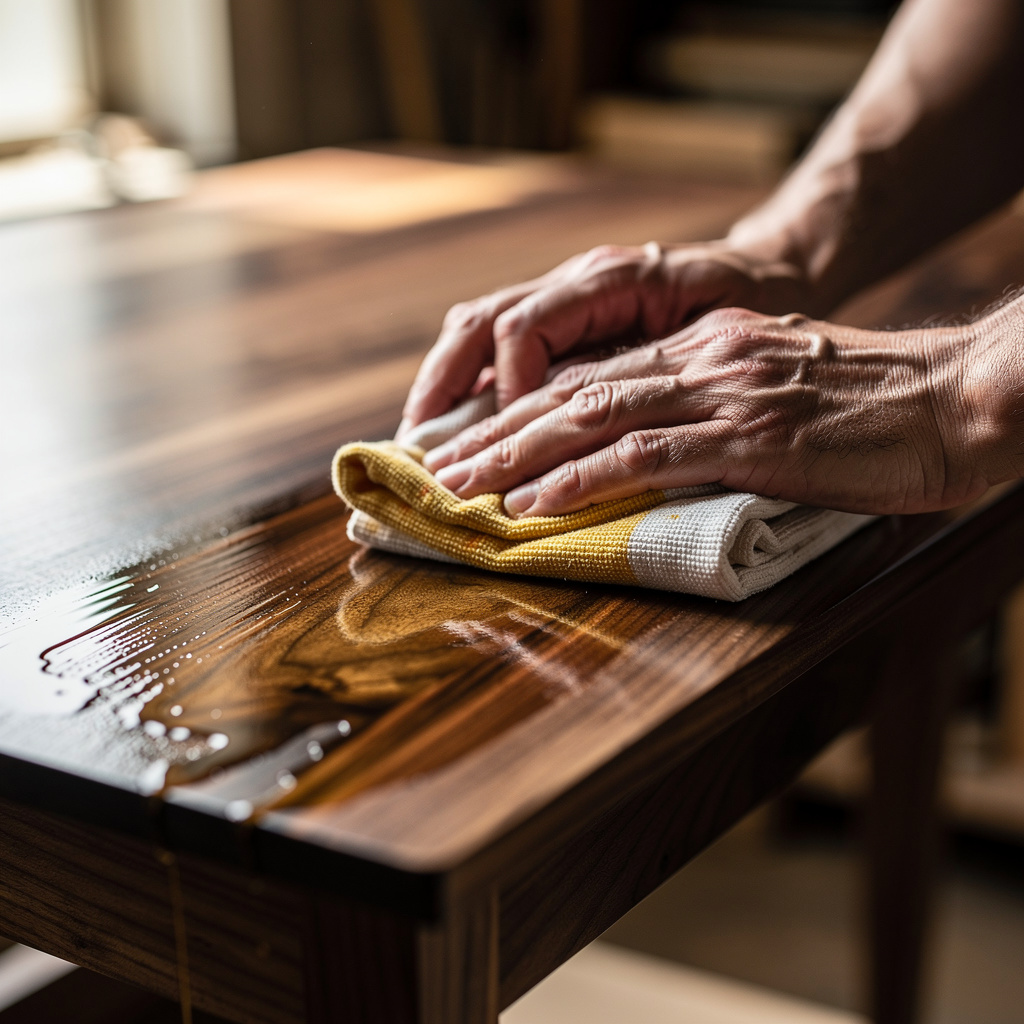 A master craftsman applying a natural oil finish to a piece of walnut furniture.