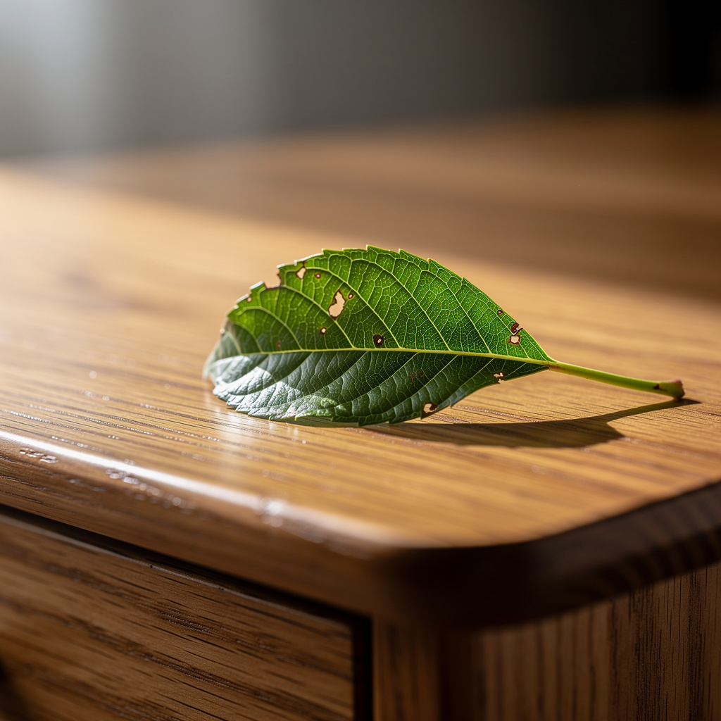 A green leaf resting on a piece of oak furniture, symbolizing sustainability.